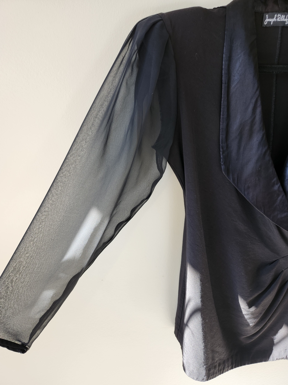Joseph Ribkoff Black Satin & Sheer Sleeve Wrap Blazer - Picture 3 of 10